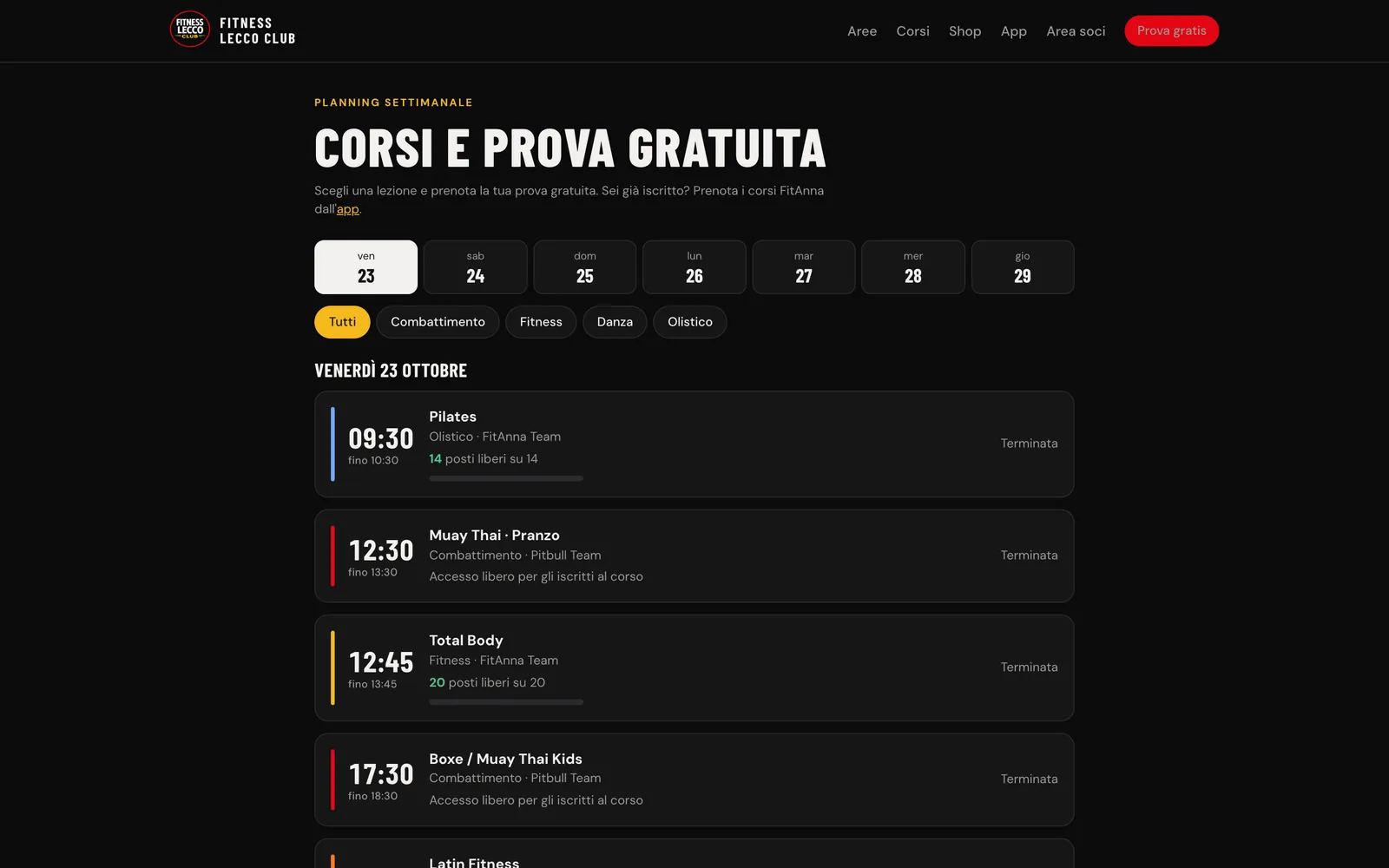 Planning corsi del Fitness Lecco Club